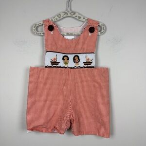 Babeeni Orange Checkered Moana Hawaiian Smocked Jon Jon Shortalls Size 6 Months